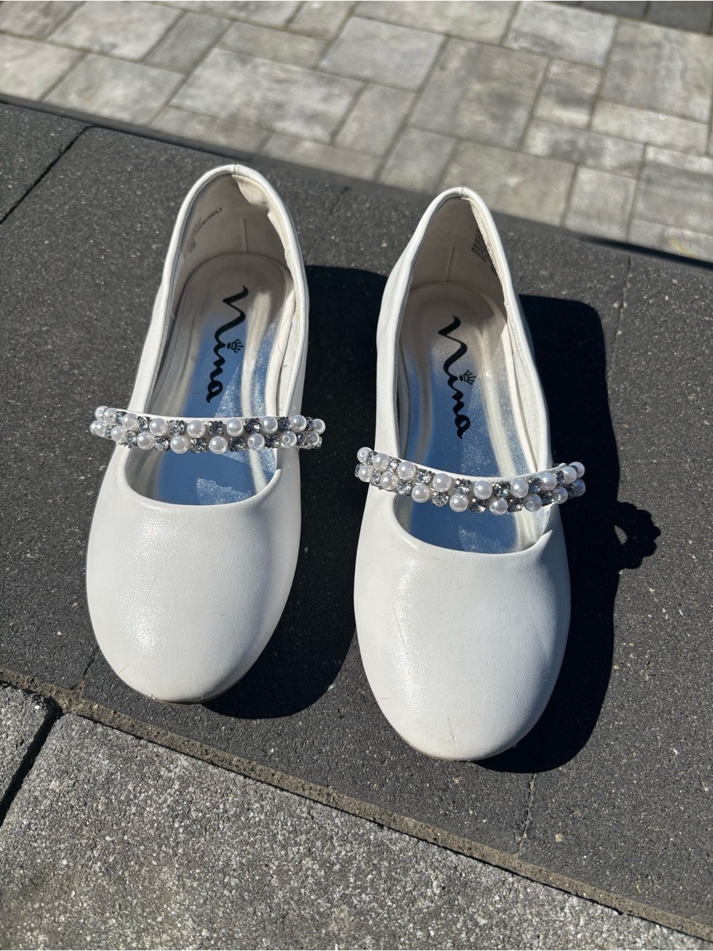 White Pearl-Embellished Mary Jane Flats